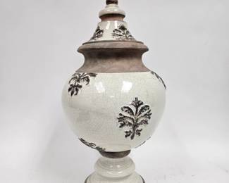 Lot #53 CK053. Huge Terra Cotta Lidded Garden Urn with Fleur de Lis Designs, Dickinson Interiors