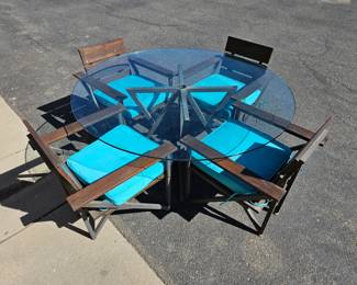 Lot #87 CK087. Custom-Made Angle Iron Patio Table, Thick Glass Top, 4 Chairs, Cut Hole for Umbrella