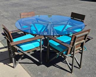 Lot #88 CK088. Custom-Made Angle Iron Patio Table, Thick Glass Top, 4 Chairs, Cut Hole for Umbrella