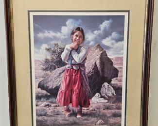 Lot #118 CK178. Lithograph, Native American Girl by Rock, By Alfredo Rodriguez, Signed, Dedicated by Artist
