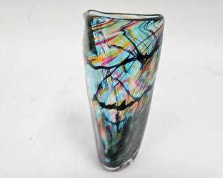 Lot #44 CK044. Matthew LaBarbera Hand-Blown Art Glass Triangular Vase, Multicolored Swirl, Abstract