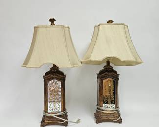 Lot #69 CK069. Pair of Regency Mirrored Painted Table Lamps with Custom Shades, Gilt Accents