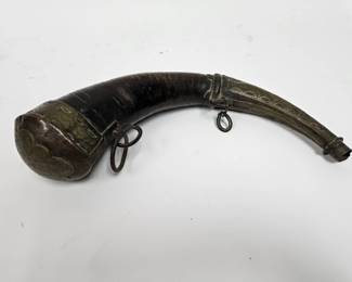 Lot #34 CK034. Antique Brass Powder Horn, Engraved Metal Embellishments, Metal Mounts, and Suspension Rings
