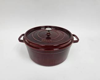Lot #8 CK008. Staub Cast Iron Double-Handled Le Cocotte, Dutch Oven, Red, Lidded