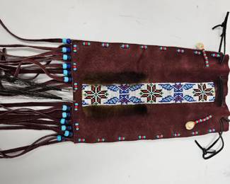 Lot #36 CK036. Hand-Beaded Drawstring Leather Pouch, Soft Fur Trim, Horse Hair Trim