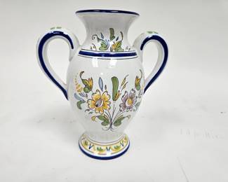 Lot #17 CK017. White Double-Handled Amphora Vase, Floral Motif, Blue Accents