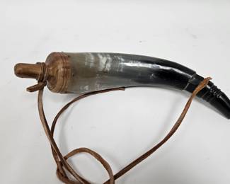 Lot #35 CK035. Traditional Powder Horn, Leather Strap, Wood Base