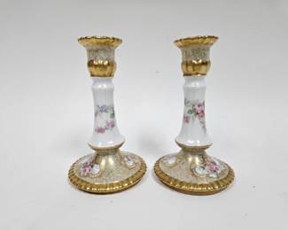 Lot #6 CK006. Pair of El Bernardaud & Co Limoges Gilt Porcelain Candlestick holders