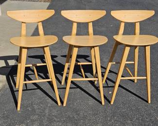 Lot #79 CK079. Set of 3 Modern Light Bamboo Bar Stools, Curved Seat & Back