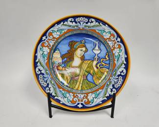Lot #49 CK049. Deruta Hand-Painted Italian Pottery Charger Plate, Goddess with Amphora, Artist signed
