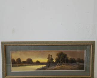 Lot #124 CK184. Original Pastel, Landscape River Cottage at Twilight, Unsigned