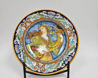 Lot #48 CK048. Deruta Hand-Painted Italian Pottery Charger Plate, Goddess with Cornucopia, Artist signed