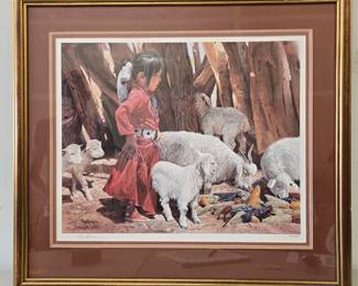 Lot #114 CK174. Lithograph, Native American Girl with Lambs, by Ray Swanson, Pencil Signed, 481/500