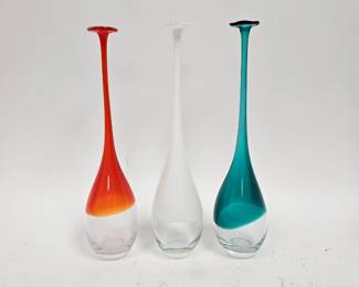 Lot #56 CK056. Set of 3 hand-blown pulled-neck art glass vases, Orange, Turquoise, White