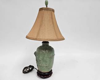 Lot #43 CK043. Vintage Green Celadon Table Lamp, Jade Finial, Silk Shade