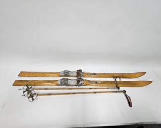 Lot #73 CK073. Pair of Antique Downhill Slalom Groswald Wooden Skis with Bamboo Ski Poles, 6 feet