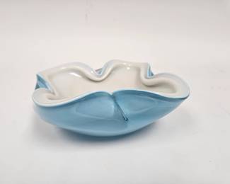 Lot #16 CK016. Murano Glass Barbani Encased White and Blue Pinched Bowl