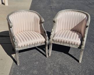 Lot #74 CK074. Pair of Michael Handler Biedermeir Silvered Regency Swan Side Chairs Satin Taupe Striped Upholstery