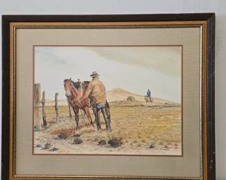 Lot #111 CK171. Original Watercolor, Cowboy by Fence on Cattle Drive, by Curtis Wingate