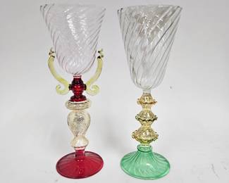 Lot #55 CK055. Pair of Murano Art Glass Goblets, Hand-Blown, Venetian, Yurana Gold Flecks, Red & Green