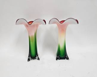 Lot #58 CK058. Pair of Hand-Blown Ruffled Flower Glass Vases