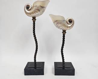 Lot #61 CK061. Pair of Regency Nautilus shell candle holders, Resin, Pearlescent