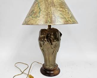 Lot #70 CK070. Bronze Skin Elephant Table Lamps with Map Shade, Exotic Décor, Tyndal