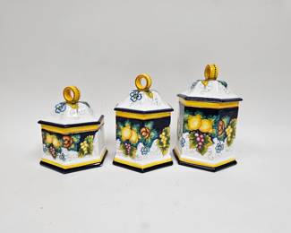 Lot #46 CK046. Leocini 3-Piece Hand-Painted Italian Kitchen Canister Set, Fruit Still Life