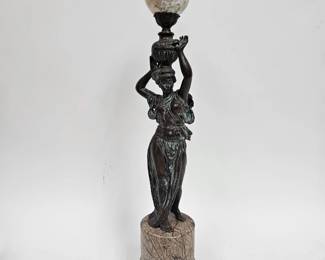 Lot #50 CK050. Contemporary Classical Bronze Sculpture of Grecian Woman with Urn, Marble Orb, Marble Base