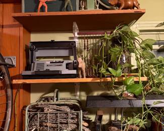 Globes, figurines, stapler collection, plants, desk lamp, antlers, projector/video equipment, cactus skeletons 