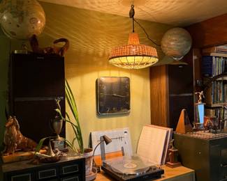 Globes, speakers, trophies, metronome, clocks, dog figurines 