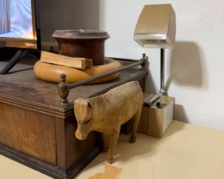 Vintage industrial desk lamp, hand carved cow figurine, incense holders