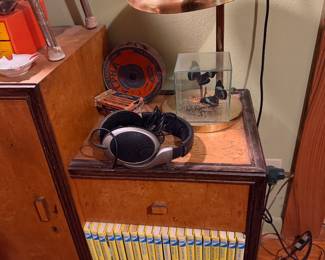 Burl wood side table, headphones, butterfly, Nancy Drew books