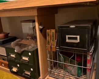Industrial drawers, metal milk crates, pool balls