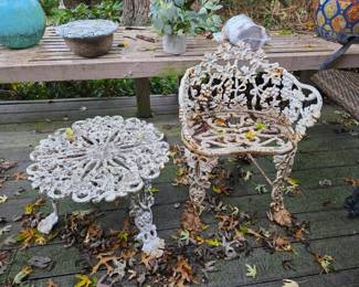 Victorian Grape Vine Pattern Cast Iron Single Seat Chair and Table