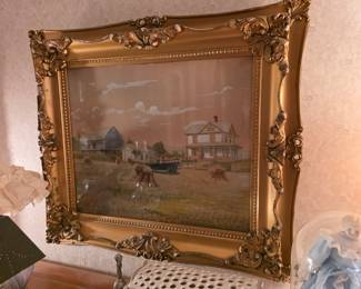 framed vintage rural landscape painting depicting a 20th-century American or European farm scene with a two-story farmhouse, a barn, a vintage car parked in the yard, and haystacks in the field.