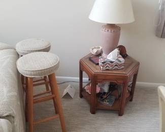 Bar stools; accent table; table lamp