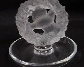 1023 LALIQUE FRANCE DOVE IN WREATH RING DISH, APPROXIMATELY 4 IN HIGH