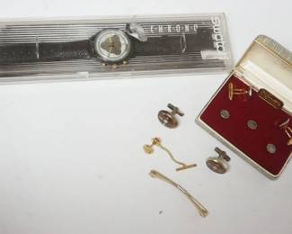 1051 MEN DREMENTS CUFF LINK SET, MEXICO STERLING SILVER CUFF LINKS .43 OZT, SWATCH CHRONO WATCH AND TIE TACKS