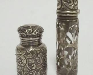 1006 ORNATE SILVER OVERLAY BOTTLE & PERFUME, TALLEST APPROXIMATELY 3 IN HIGH