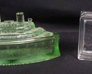 1042 REMEMBER THE MAINE COVERED SHIP DISH & PITTSBURG CORNING GLASS BLOCK BANK