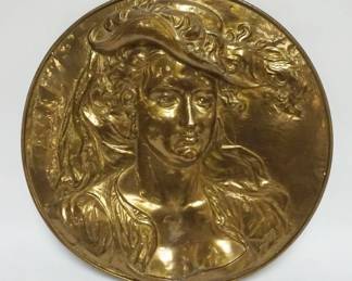 1019 JEAN JACQUES LABAER BRASS WALL PLAQUE, RELIEF ART NOUVEAU WOMAN, APPROXIMATELY 21 IN