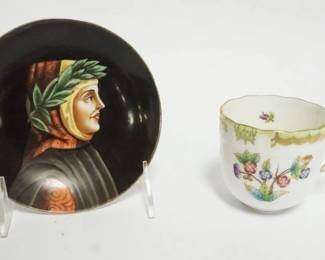 1037 HEREND HAND PAINTED CUP & GINORI HAND PAINTED DISH, DISH APPROXIMATELY 5 1/4 IN