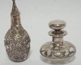 1005 PAIR OF SILVER OVERLAY BOTTLES, TALLEST APPROXIMATELY 5 IN HIGH