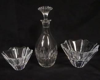 1024 BACCARAT CRYSTAL DECANTOR & ORREFORS BOWLS, TALLEST APPROXIMATELY 11 IN HIGH