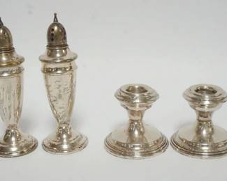 1008 STERLING WEIGHTED CANDLESTICKS & SALT & PEPPER, TALLEST APPROXIMATELY 6 IN HIGH