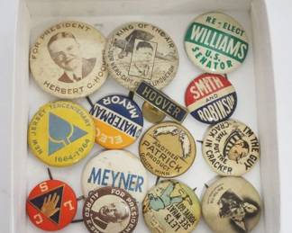 1059 GROUP OF VINTAGE POLITICAL & RELATED BUTTONS, HOOVER, ALFRED E SMITH, LINDBERG, ETC