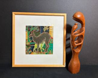 Framed Colorful Batik-Style Deer & Fawn Textile with Carved Wooden Mother & Child Sculpture