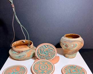 Nemadji Swirl Art Pottery & Southwestern Clay Coaster Set With Holder