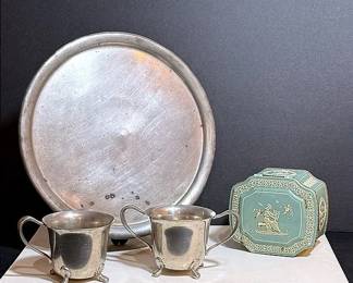 Old Colonial Pewter Tray With Creamer And Sugar Set & Vintage Horner Of England Candy Tin